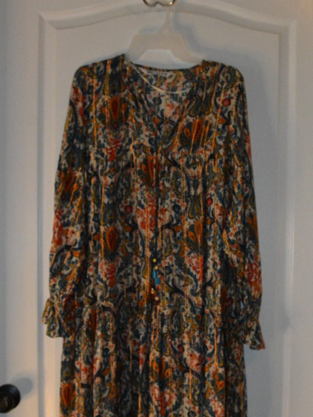 Zara Paisley Metallic Thread Tiered Midi Dress Women's size Medium Boho